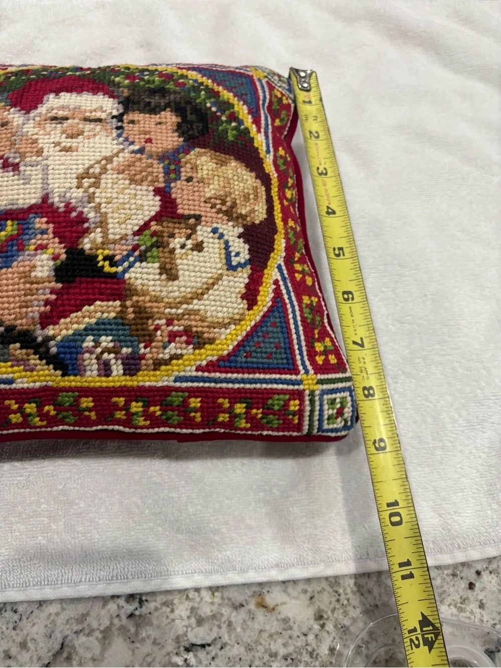 Vtg Christmas Needlepoint Santa & Children Pillow 9x9 Velvet Back cottagecore